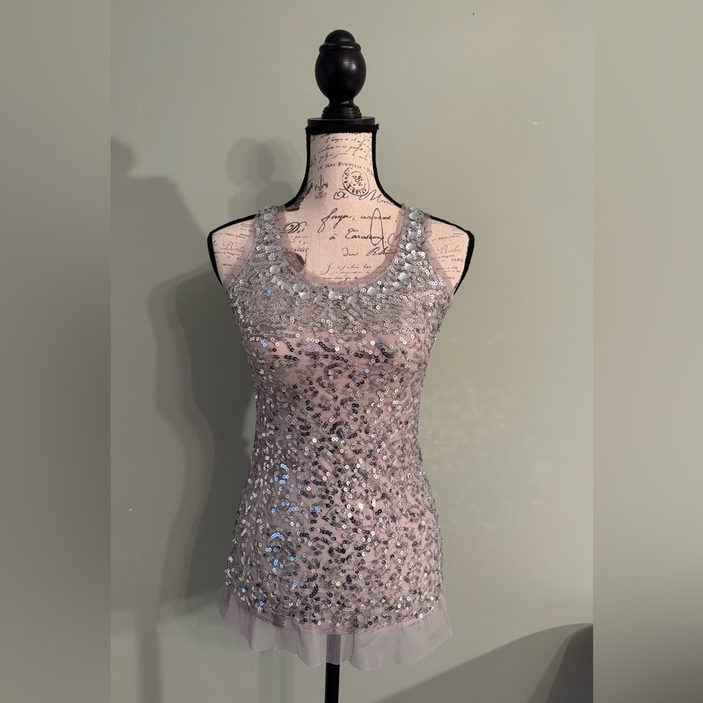 Body Central Silver Sequin Beaded Sheer Sleeveless Top Size Small